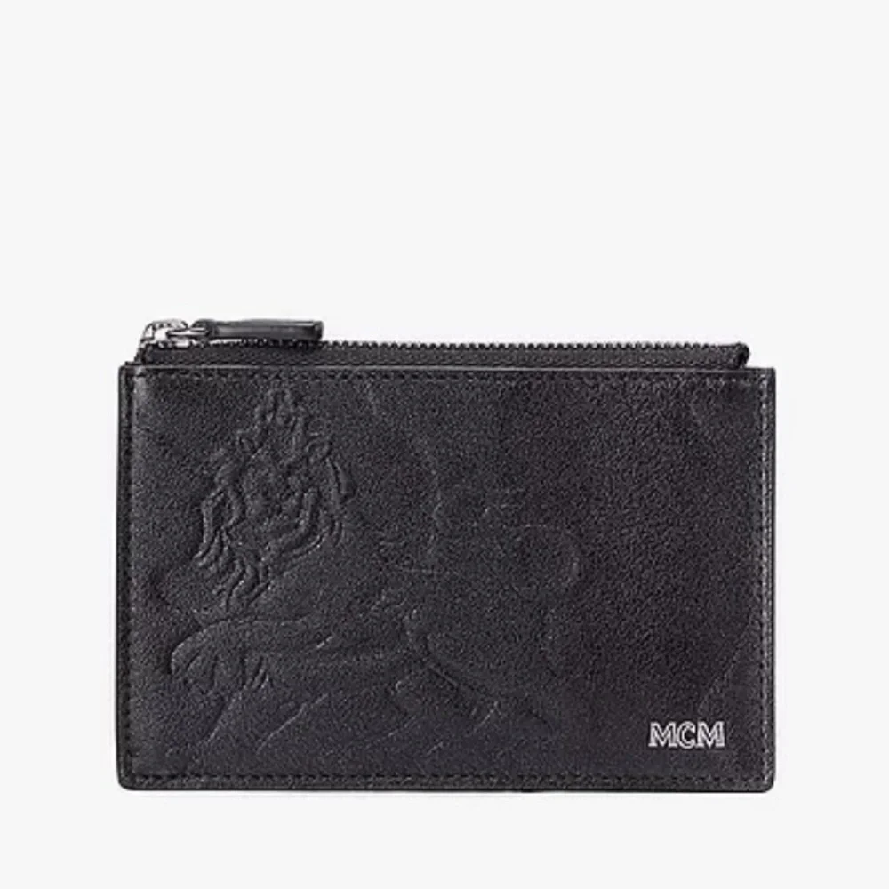 MCM men's lion embossed black with blue and grey mini zipped coin card holder